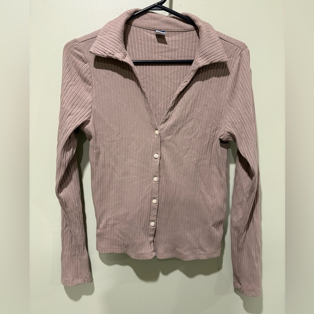 Old Navy Taupe Ribbed Button Down Top